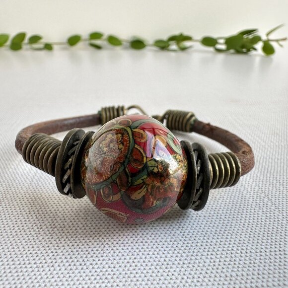 Vintage Boho Ceramic Bracelet, Leather Cord Choker - Picture 3 of 7